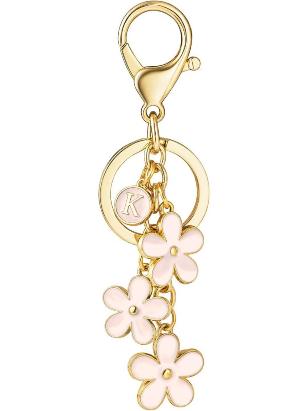 Cute Initial Keychain for Girls - White Pink Black Purse Charm & Flower Keyring